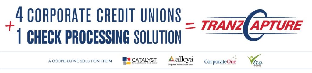Ad for TranzCapture - Four Corporate Credit Unions plus one check processing solutions equals TranzCapture.
