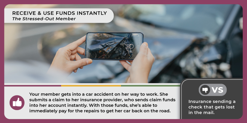 Someone taking a picture of a damaged car with a smartphone. Caption reads, 