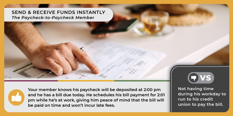 A man leaning over a desk with a paper bill and a smart phone in one hand. Caption reads, 