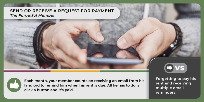 A man's hands typing on a smart phone. Caption reads, 