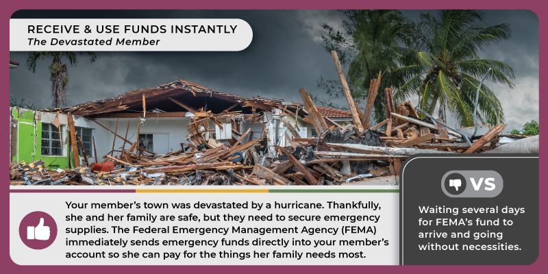 A house that is damaged with rubble in front of it, palm trees beside it and dark clouds over it. Caption reads, 