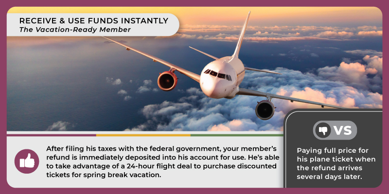 Front view of an airplane flying above clouds. Caption reads, 