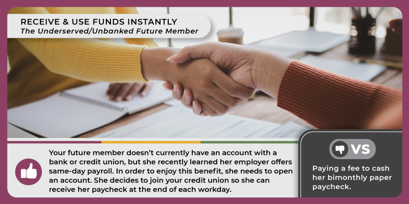 Two women shaking hands over a desk with papers on it. Caption reads, 