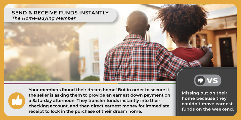 A back view of a couple embracing while looking at the outside of a house. Caption reads, 