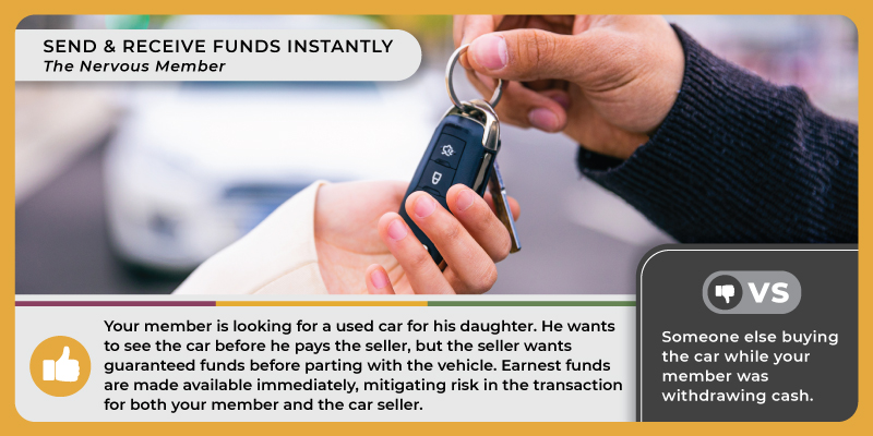 A man handing a set of keys to a woman with a white car in the background. Caption reads, 