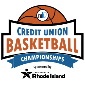 Logo of a basketball for the Credit Union Basketball Championships sponsored by the credit unions of Rhode Island.
