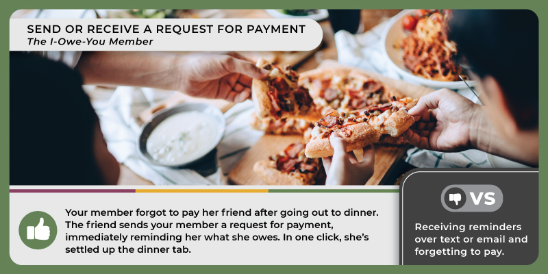 Several hands taking slices of pizza from a box. Caption reads, 