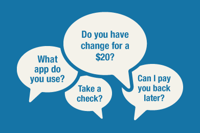 Conversation bubbles with various questions about methods to pay someone back.
