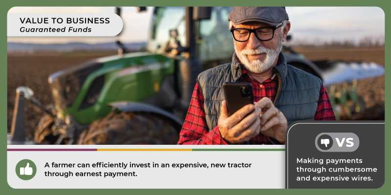 Man with white beard standing next to a tractor looking at a smartphone in his hands. Caption says, 