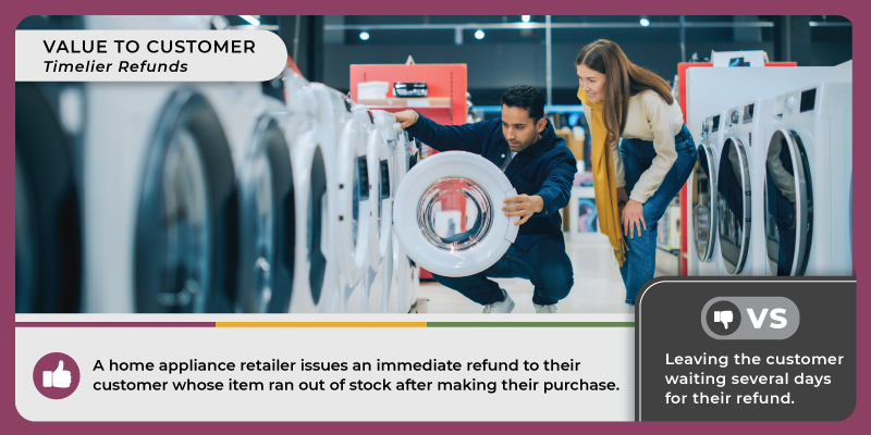 A couple inspecting a washing machine in an appliance store. Caption reads, 