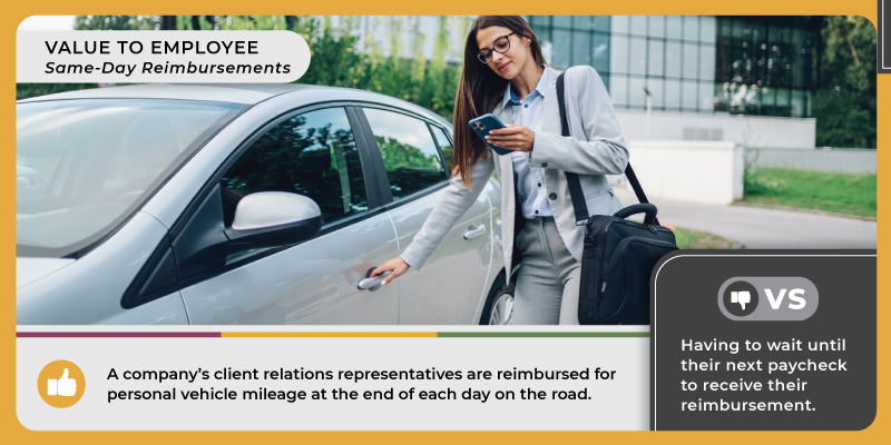 A young woman in a suit looks at her phone while opening the door to her car. Caption reads, 
