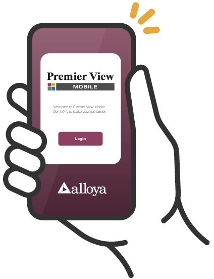 Hand holding a cell phone with the Premier View Mobile app open to the login screen.