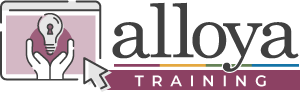 Logo for Alloya's training with a computer monitor showing hands holding a light bulb.