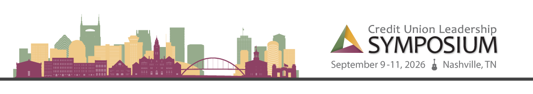 Nashville skyline with the Credit Union Leadership Symposium Logo being held September 8-10, 2026 in Nashville, TN.