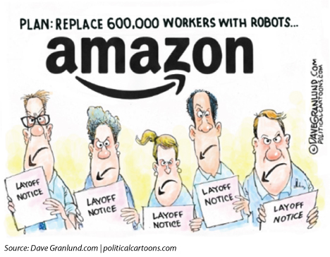 Cartoon from davegranlund.com titled Plan: replace 600,000 workers with robots and with the Amazon logo. People are holding layoff notices with the amazon smile turned upside down on their faces.