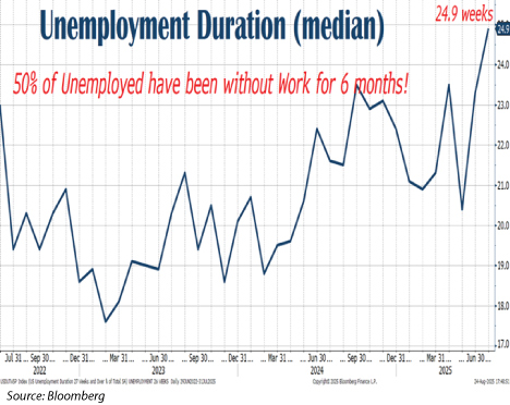 Graph from Bloomberg showing Unemployment Duration (median) at 24.9 weeks noting that 50% of unemployed have been without work for 6 months.