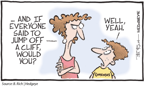 Cartoon by B. Rich | Hedgeye showing an adult asking, “And if everyone said to jump off a cliff, would you?” A child wearing a shirt labeled “Consensus” replies, “Well, yeah.” The cartoon humorously suggests that consensus-based decision-making follows the group's choice rather than individual judgment.