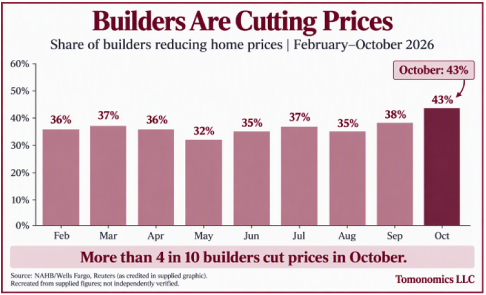 Bar chart titled “Builders Are Cutting Prices” shows the share of builders reducing home prices from February through October 2026. The share fluctuated between 32% and 38% from February through September before rising to 43% in October, the highest level shown.